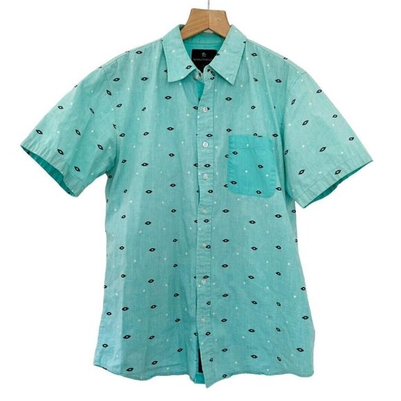 Shouthouse Mens Sz L Turquoise  Abstract Print Short Sleeve Button Up Shirt - Picture 1 of 7